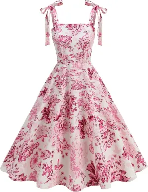 50s Dresses for Women 1950s Vintage Floral Cocktail Swing Dress Retro Tie Straps Backless Rockabilly Prom Tea Party Dresses