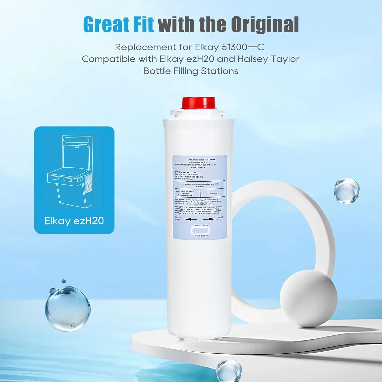 51300C, Replacement for Elkay 51300C, Replacement 55898C Filters, Replacement Bottle Stations Compatible with Ezh2o Filter ERF750, 55898C, EWF3000 (No Chip 3-Pack)