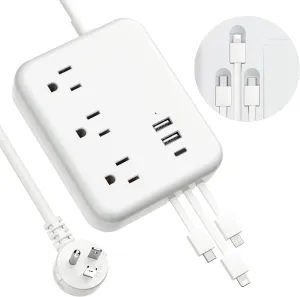 6 USB Power Strip with 3 Charging Cable - Travel Power Strip with 6 USB Desktop Charging Station and 3 Outlets, 3ft Flat Plug Extension Cord, Non Surge Protector for Cruise Ship Travel Office Dorm