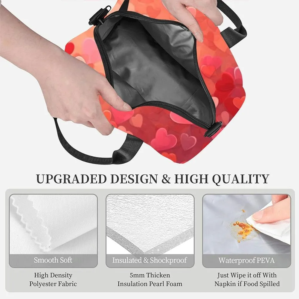 A beautiful red hearts Love Passion Valentine Day Romantic Create Insulated Adult Lunch Bag with Shoulder Strap for Women Lightweight Reusable Portable Freezable Lunch Tote Bag for Work Picnic