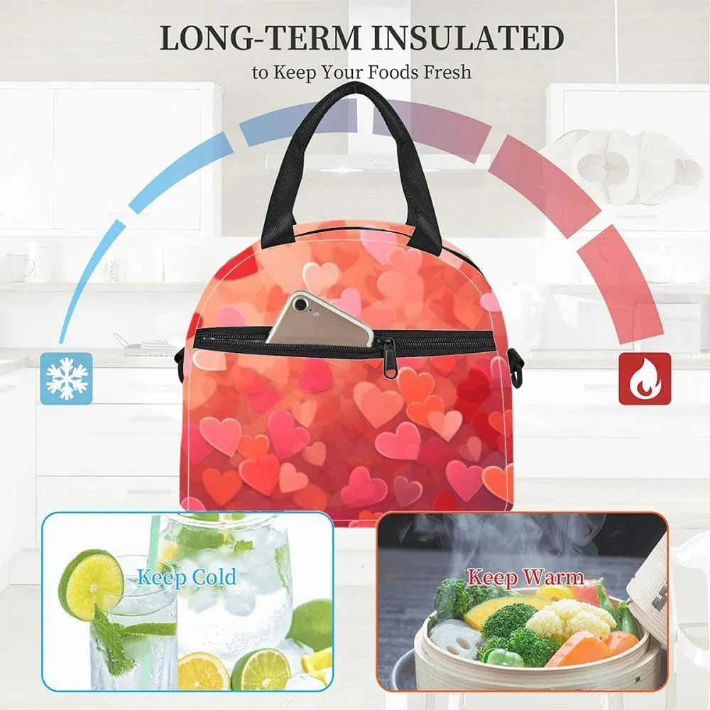 A beautiful red hearts Love Passion Valentine Day Romantic Create Insulated Adult Lunch Bag with Shoulder Strap for Women Lightweight Reusable Portable Freezable Lunch Tote Bag for Work Picnic