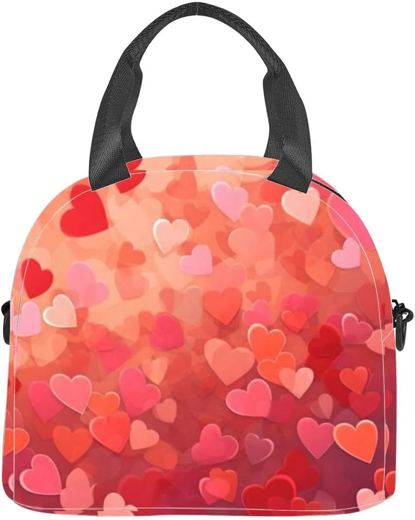A beautiful red hearts Love Passion Valentine Day Romantic Create Insulated Adult Lunch Bag with Shoulder Strap for Women Lightweight Reusable Portable Freezable Lunch Tote Bag for Work Picnic
