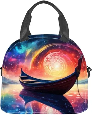 A boat peacefully floated the surface a serene body water beneath a Insulated Adult Lunch Bag with Shoulder Strap for Women Lightweight Reusable Portable Freezable Lunch Tote Bag for Work Picnic