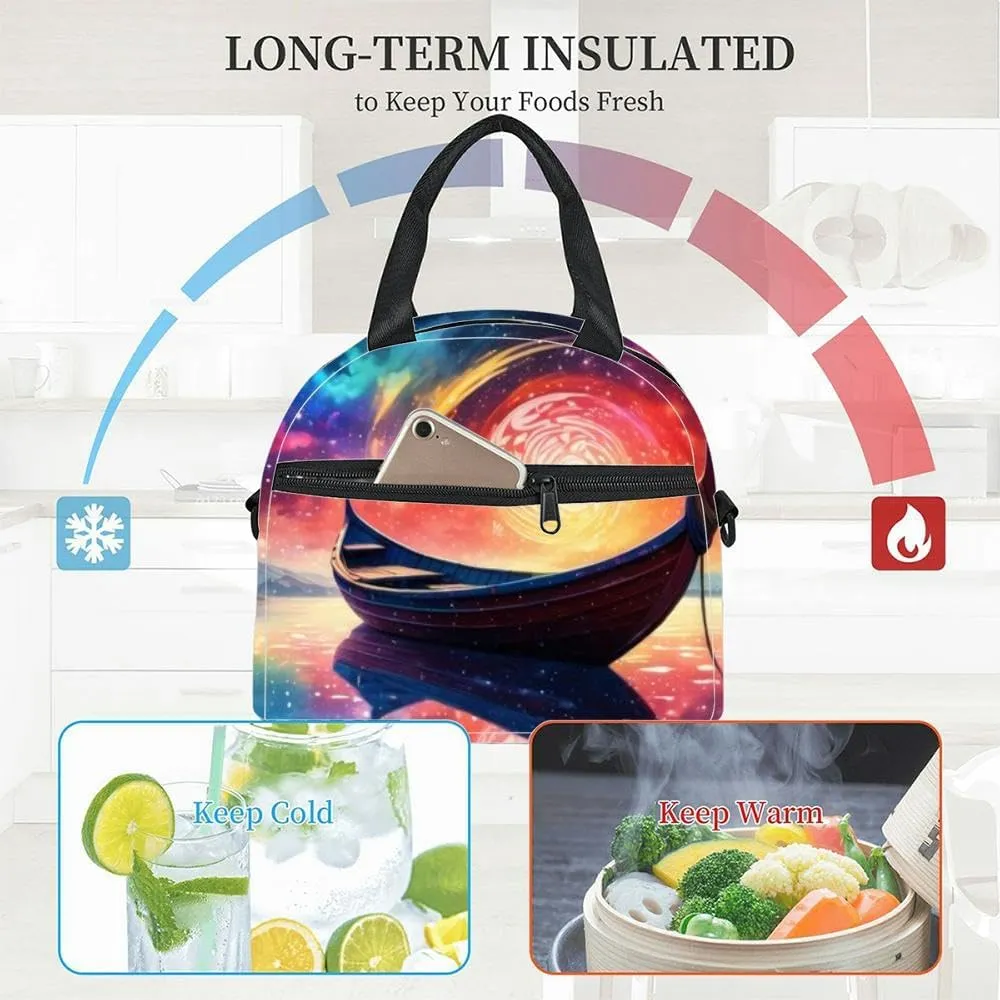 A boat peacefully floated the surface a serene body water beneath a Insulated Adult Lunch Bag with Shoulder Strap for Women Lightweight Reusable Portable Freezable Lunch Tote Bag for Work Picnic
