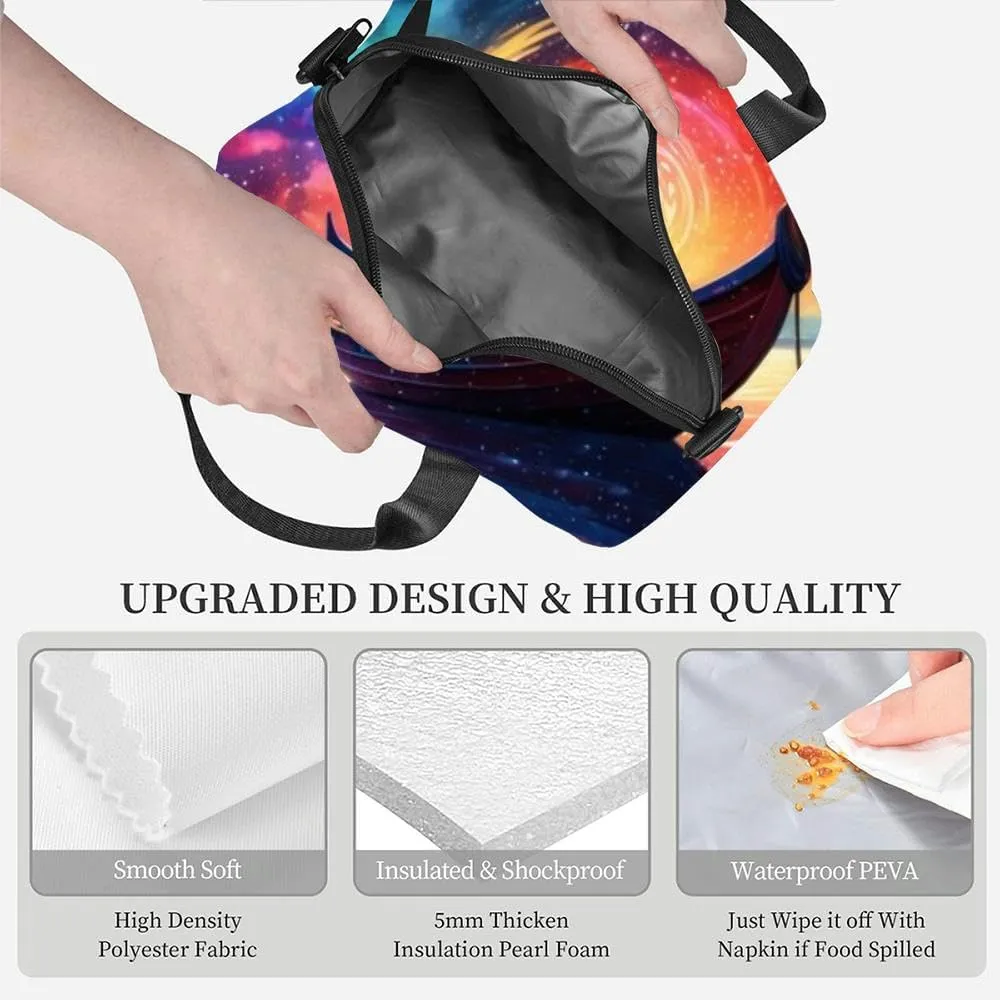 A boat peacefully floated the surface a serene body water beneath a Insulated Adult Lunch Bag with Shoulder Strap for Women Lightweight Reusable Portable Freezable Lunch Tote Bag for Work Picnic