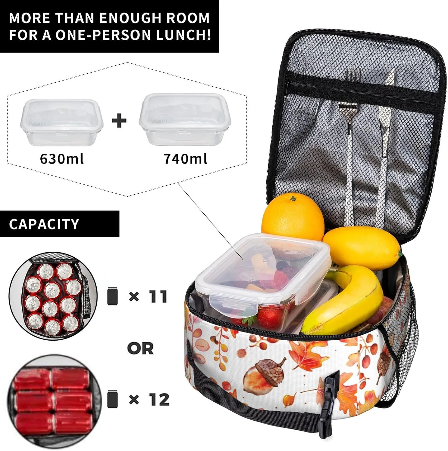 Acorns Oak Leaves Lunch Box - Insulated Lunch Bags For Women/Men/Girls/Boys Detachable Handle Lunchbox Meal Tote Bag