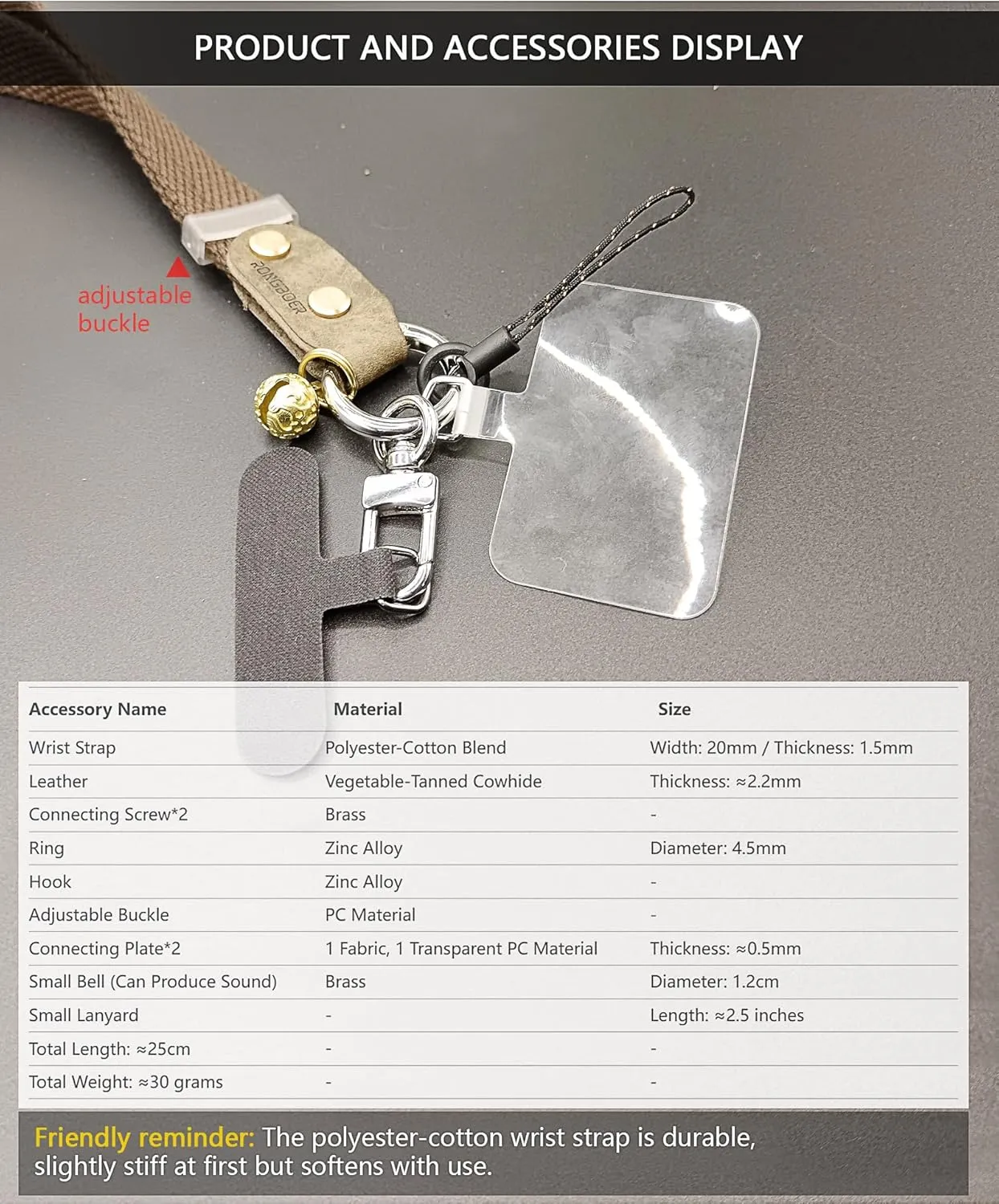 Adjustable Phone Wrist Strap,Thick Leather & Wide Strap Lanyard for Smartphones,Modern Style with Retro Accents,R12