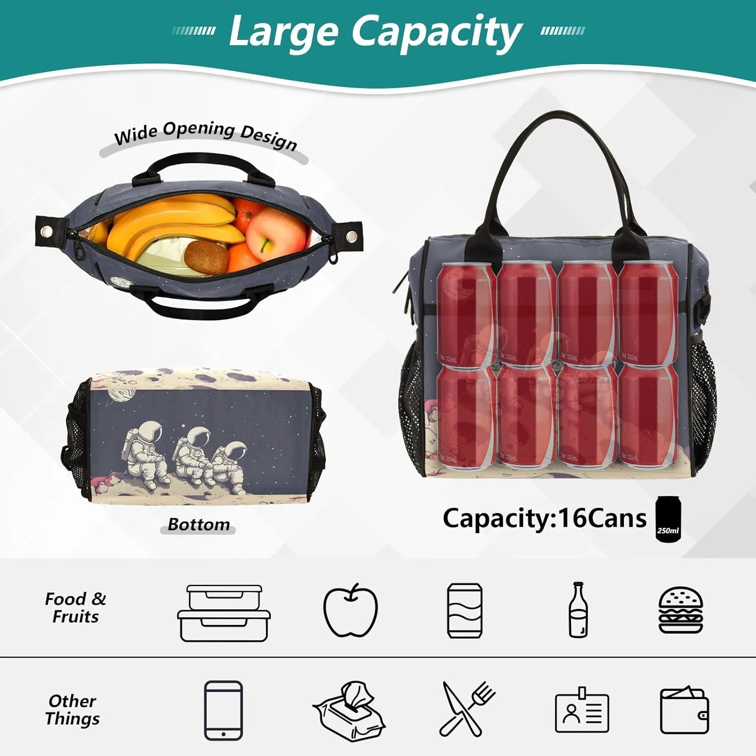 Adult Lunch Box Insulated Lunch Bag Astronaut Sitting in The Crater Cooler Tote Bag for Work Picnic or Travel