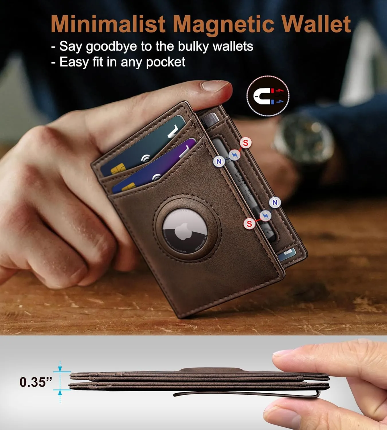 Airtag Wallet for Men- With Money Clip Gift Boxed, Magnetic Closure Slim Genuine Leather Front Pocket Wallet, 3.9"x 2.7", RFID Blocking