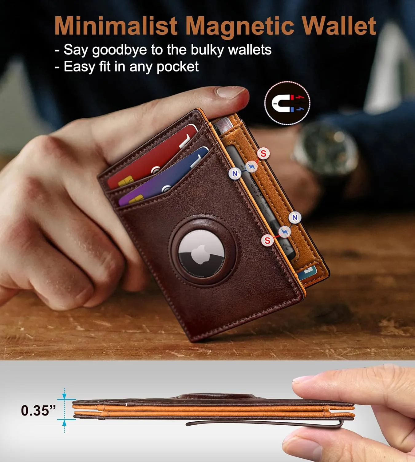 Airtag Wallet for Men- With Money Clip Gift Boxed, Magnetic Closure Slim Genuine Leather Front Pocket Wallet, 3.9"x 2.7", RFID Blocking