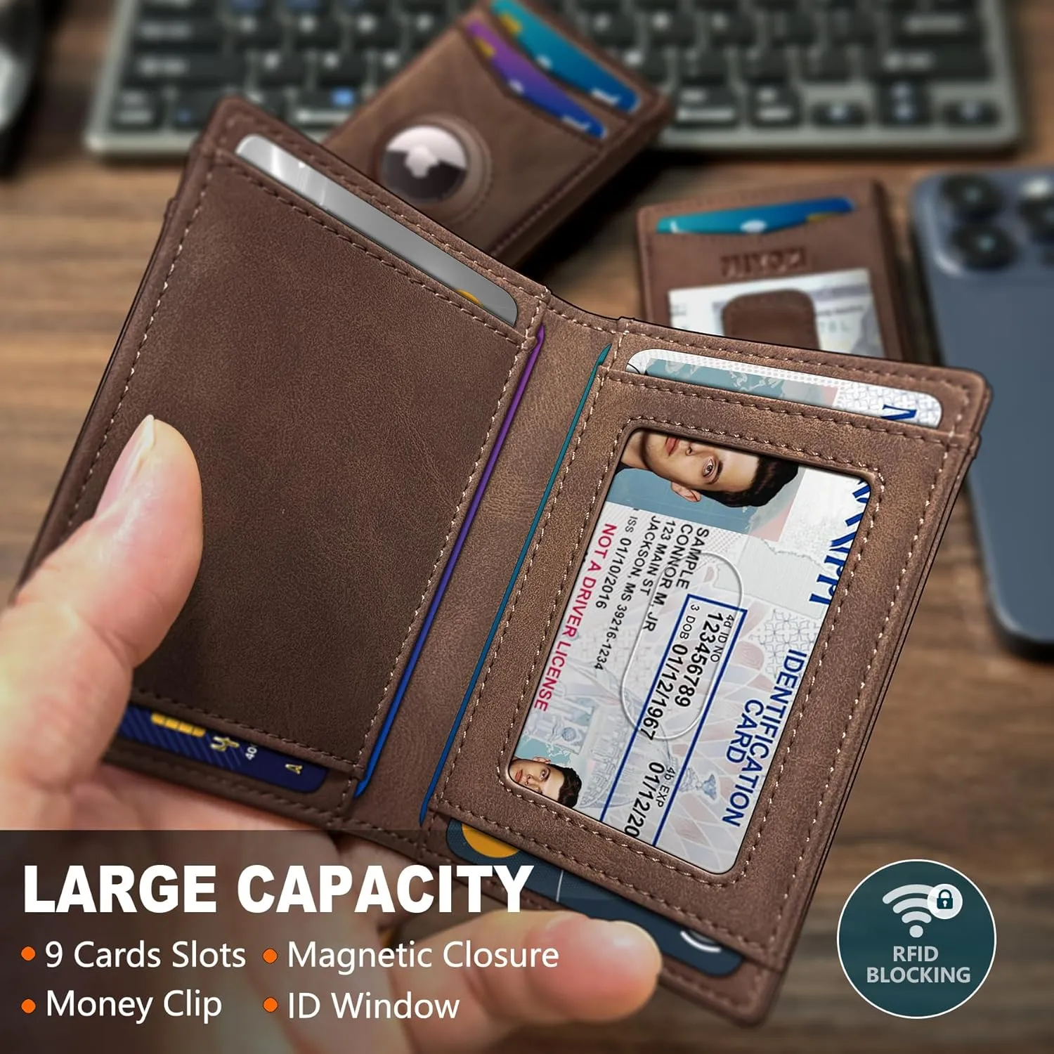 Airtag Wallet for Men- With Money Clip Gift Boxed, Magnetic Closure Slim Genuine Leather Front Pocket Wallet, 3.9"x 2.7", RFID Blocking