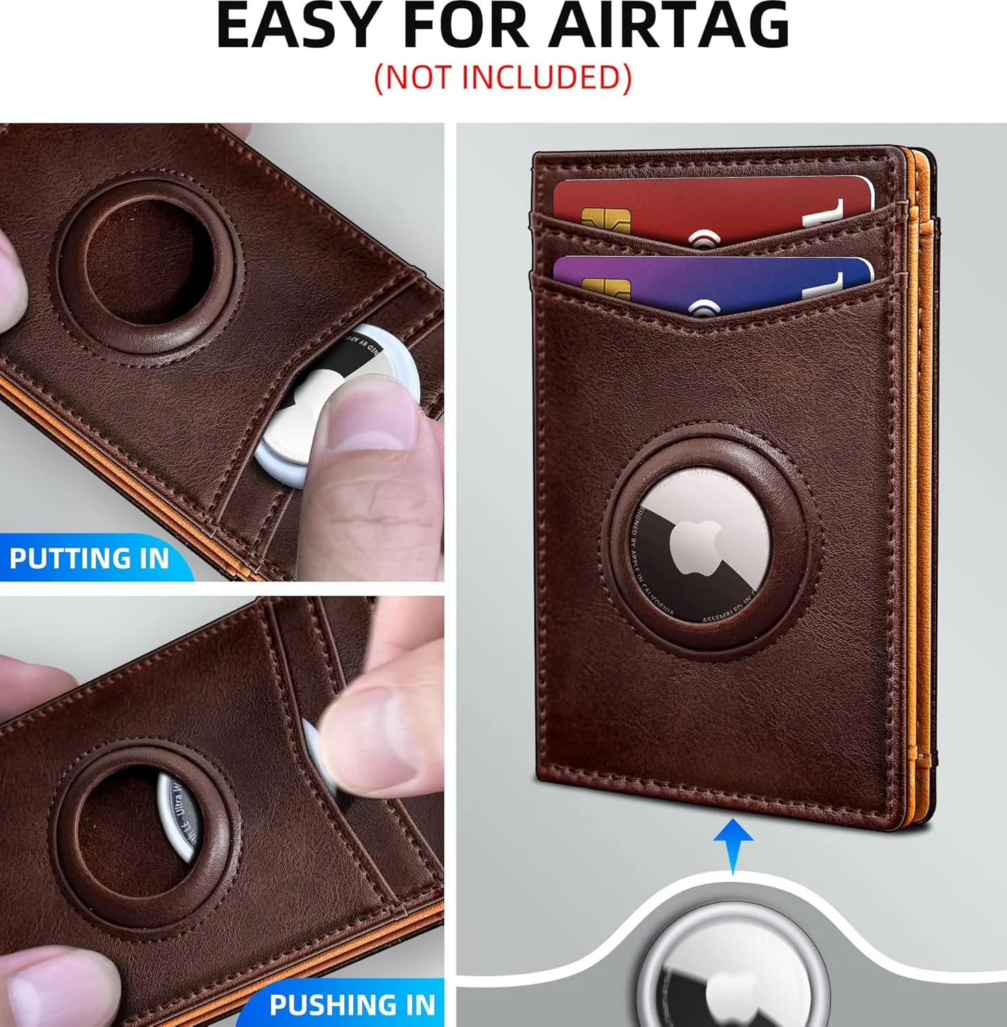 Airtag Wallet for Men- With Money Clip Gift Boxed, Magnetic Closure Slim Genuine Leather Front Pocket Wallet, 3.9"x 2.7", RFID Blocking