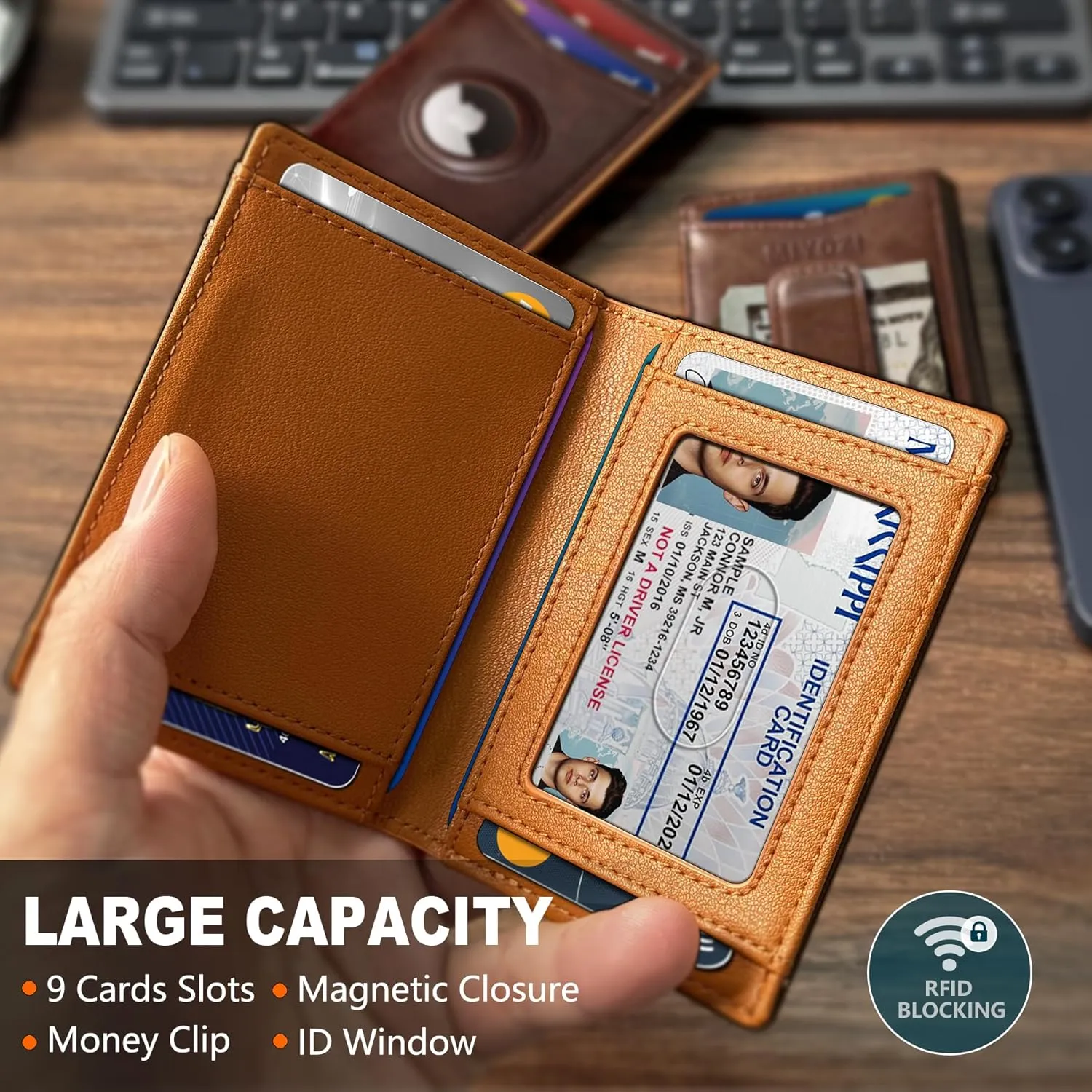Airtag Wallet for Men- With Money Clip Gift Boxed, Magnetic Closure Slim Genuine Leather Front Pocket Wallet, 3.9"x 2.7", RFID Blocking