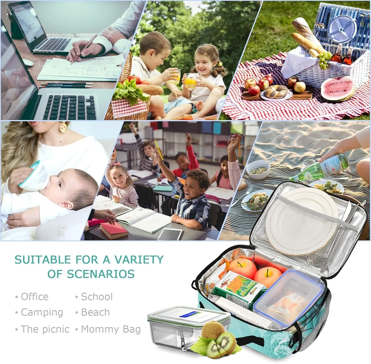 ALAZA Lunch Bag for Women Men Lace Turquoise Roses White Gold Leave Reusable Tote Bag Cooler Bag Insulated Lunch Box with Adjustable Shoulder Strap Portable Handbag