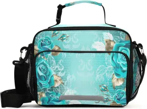 ALAZA Lunch Bag for Women Men Lace Turquoise Roses White Gold Leave Reusable Tote Bag Cooler Bag Insulated Lunch Box with Adjustable Shoulder Strap Portable Handbag