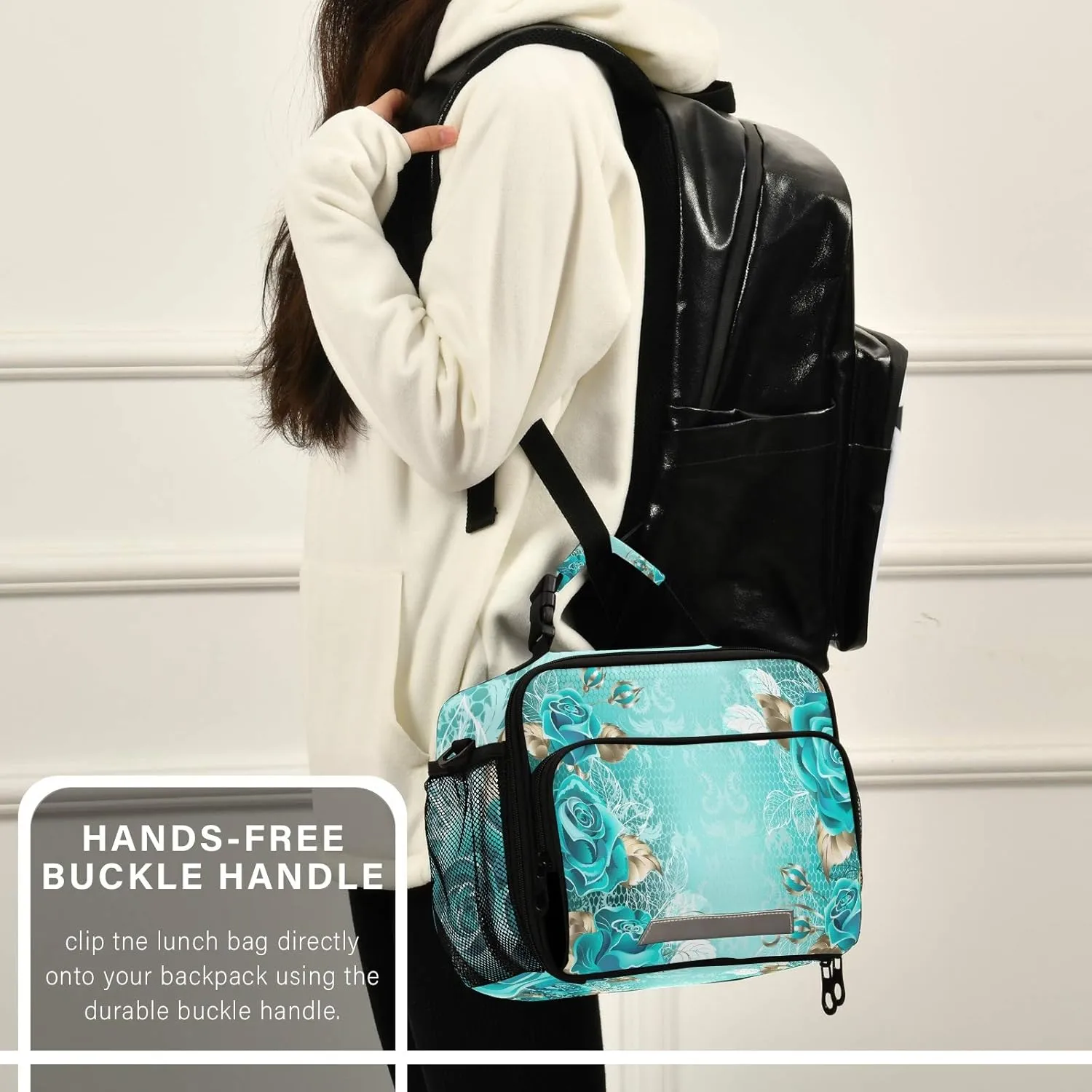 ALAZA Lunch Bag for Women Men Lace Turquoise Roses White Gold Leave Reusable Tote Bag Cooler Bag Insulated Lunch Box with Adjustable Shoulder Strap Portable Handbag
