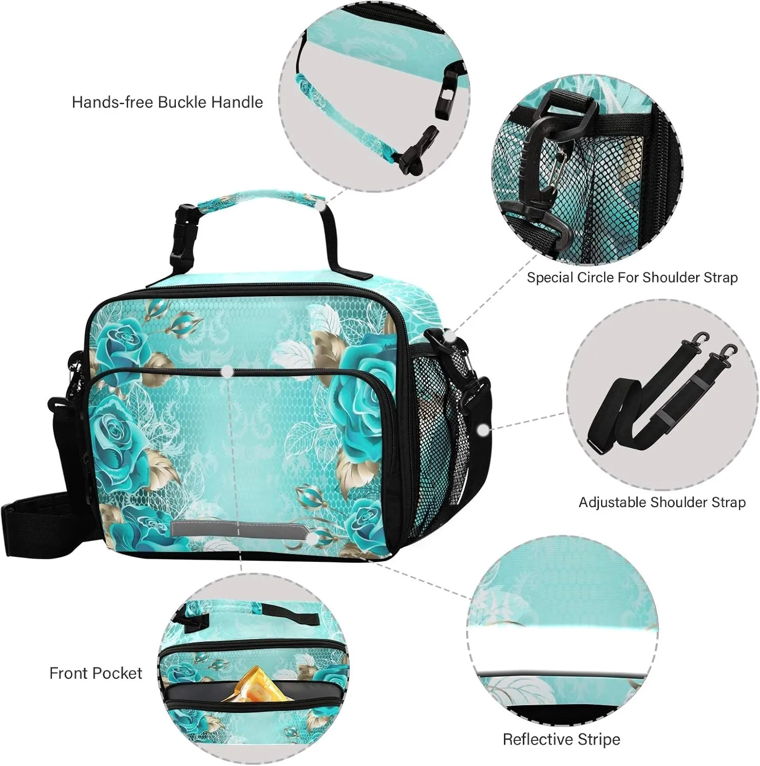 ALAZA Lunch Bag for Women Men Lace Turquoise Roses White Gold Leave Reusable Tote Bag Cooler Bag Insulated Lunch Box with Adjustable Shoulder Strap Portable Handbag