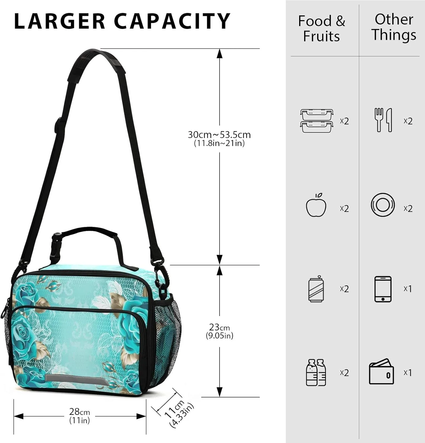 ALAZA Lunch Bag for Women Men Lace Turquoise Roses White Gold Leave Reusable Tote Bag Cooler Bag Insulated Lunch Box with Adjustable Shoulder Strap Portable Handbag