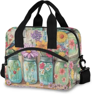 ALAZA Vintage Blue Jars Wildflowers Insulated Lunch Bag for Women Reusable Lunch BoxCooler Tote Bag with Shoulder Strap Men Picnic School Lunchbox