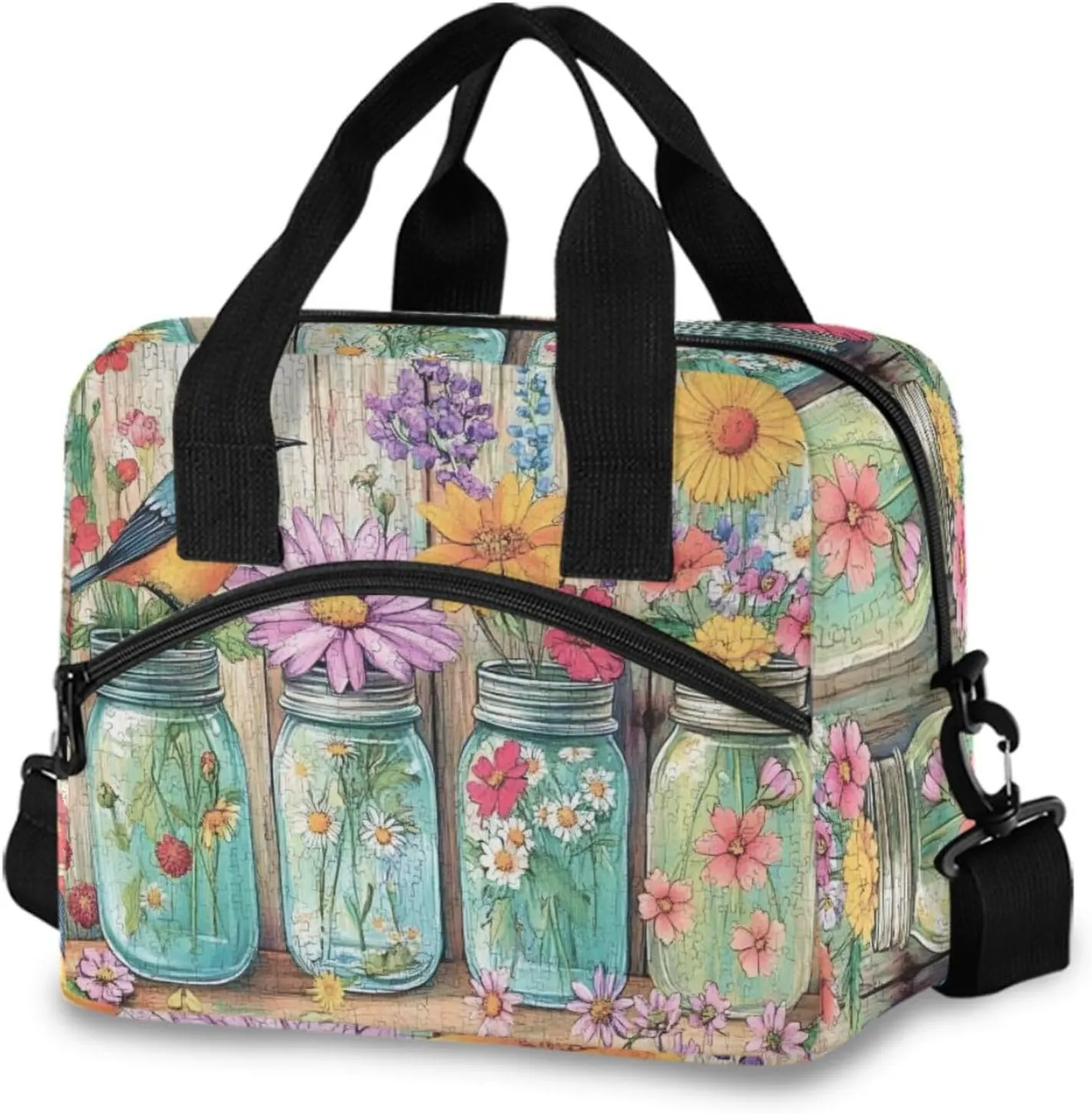 ALAZA Vintage Blue Jars Wildflowers Insulated Lunch Bag for Women Reusable Lunch BoxCooler Tote Bag with Shoulder Strap Men Picnic School Lunchbox