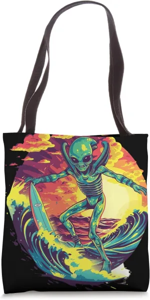 Alien Surfing Amid Waves with Sunset Tote Bag