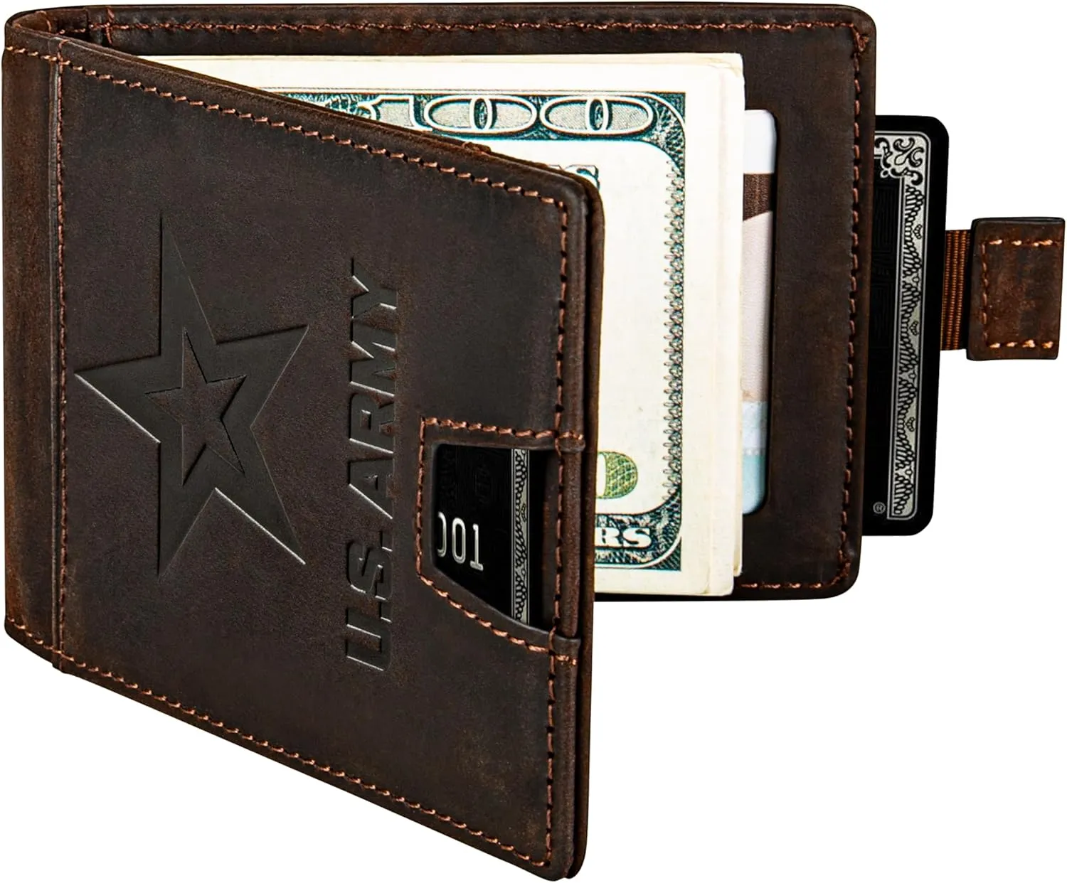 Army Wallet – Genuine Crazy Horse Leather RFID-Blocking Bi-Fold Card Holder with Money Clip – Disabled USMC Vet Owned SMALL Business