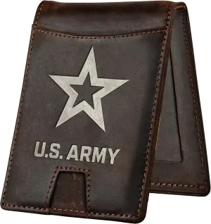 Army Wallet – Genuine Crazy Horse Leather RFID-Blocking Bi-Fold Card Holder with Money Clip – Disabled USMC Vet Owned SMALL Business