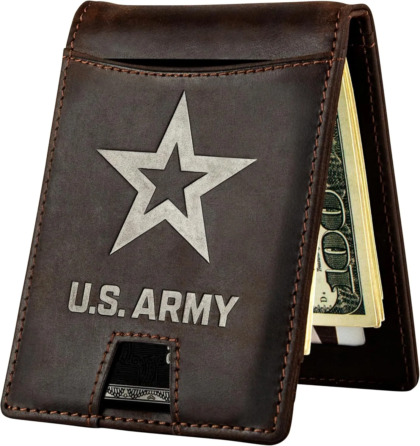 Army Wallet – Genuine Crazy Horse Leather RFID-Blocking Bi-Fold Card Holder with Money Clip – Disabled USMC Vet Owned SMALL Business