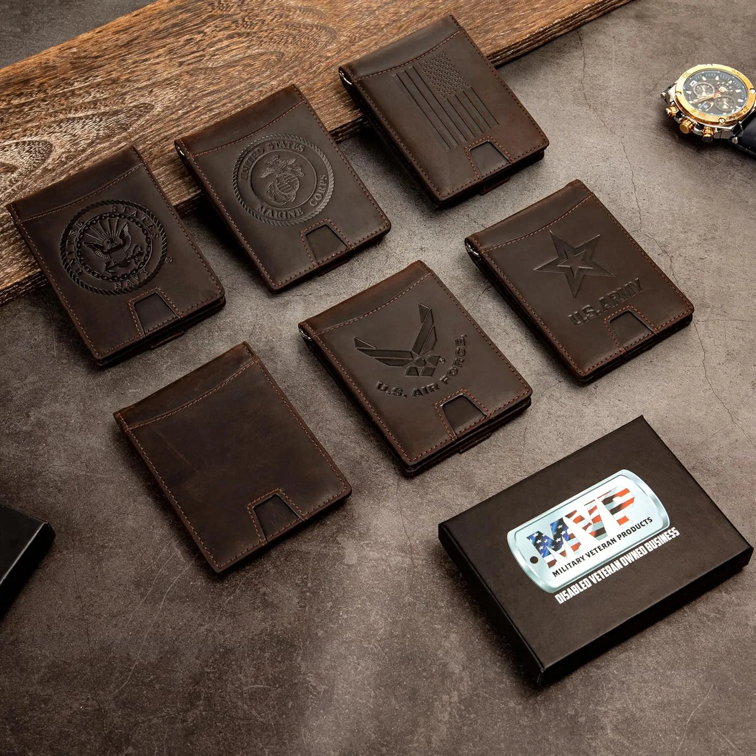Army Wallet – Genuine Crazy Horse Leather RFID-Blocking Bi-Fold Card Holder with Money Clip – Disabled USMC Vet Owned SMALL Business