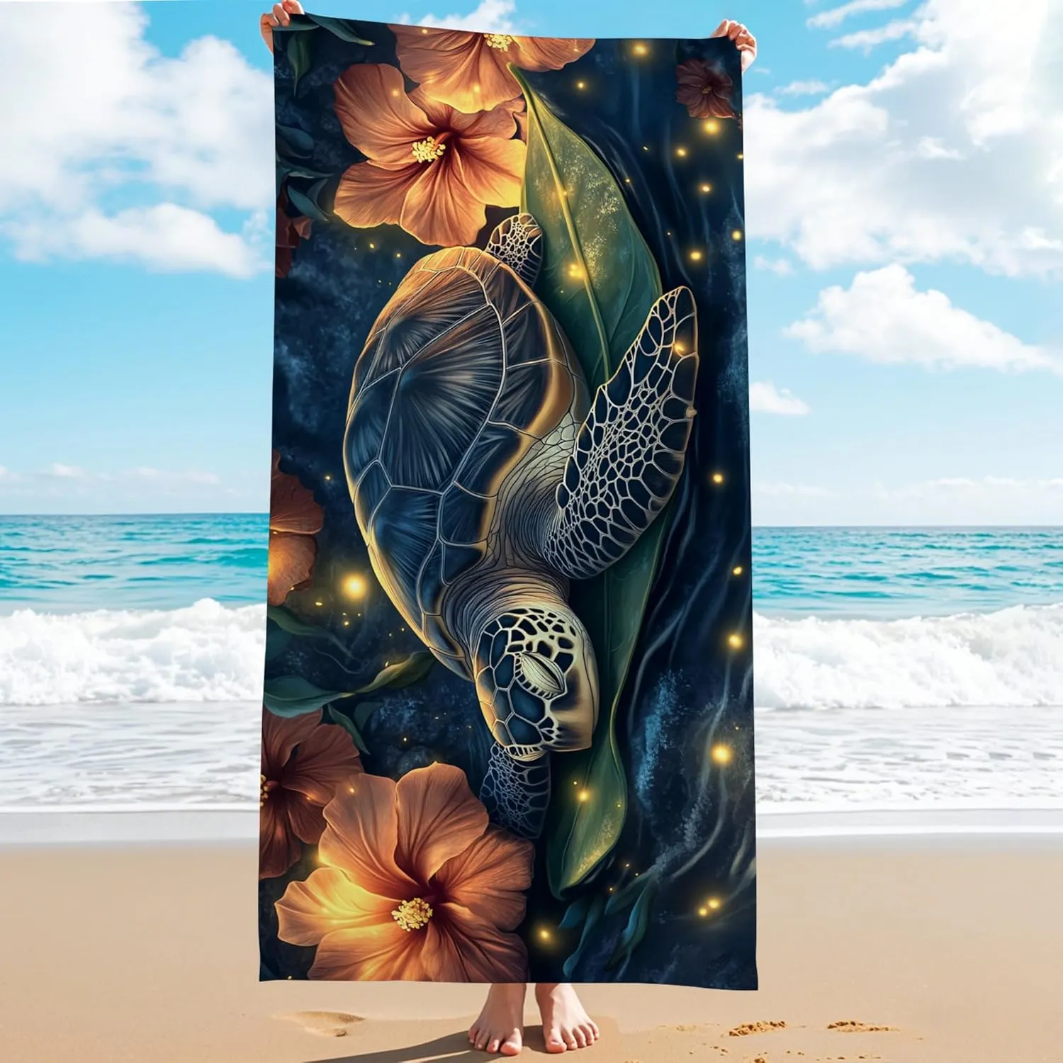 Artistic Turtle Beach Towel Dark Ocean Ocean Creatures Tapestry, Quick Dry Absorbent Soft Sand Free Lightweight Blanket, Summer Vacation Pool Picnic Essentials 62x31 Inch