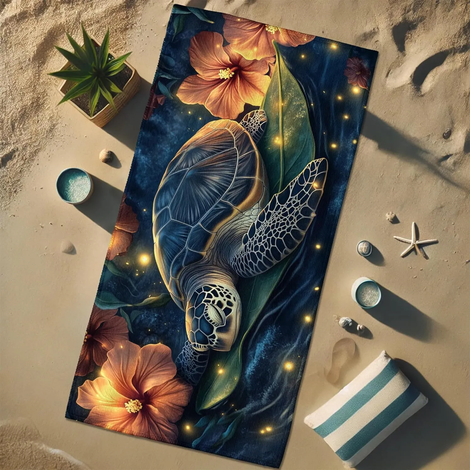 Artistic Turtle Beach Towel Dark Ocean Ocean Creatures Tapestry, Quick Dry Absorbent Soft Sand Free Lightweight Blanket, Summer Vacation Pool Picnic Essentials 62x31 Inch
