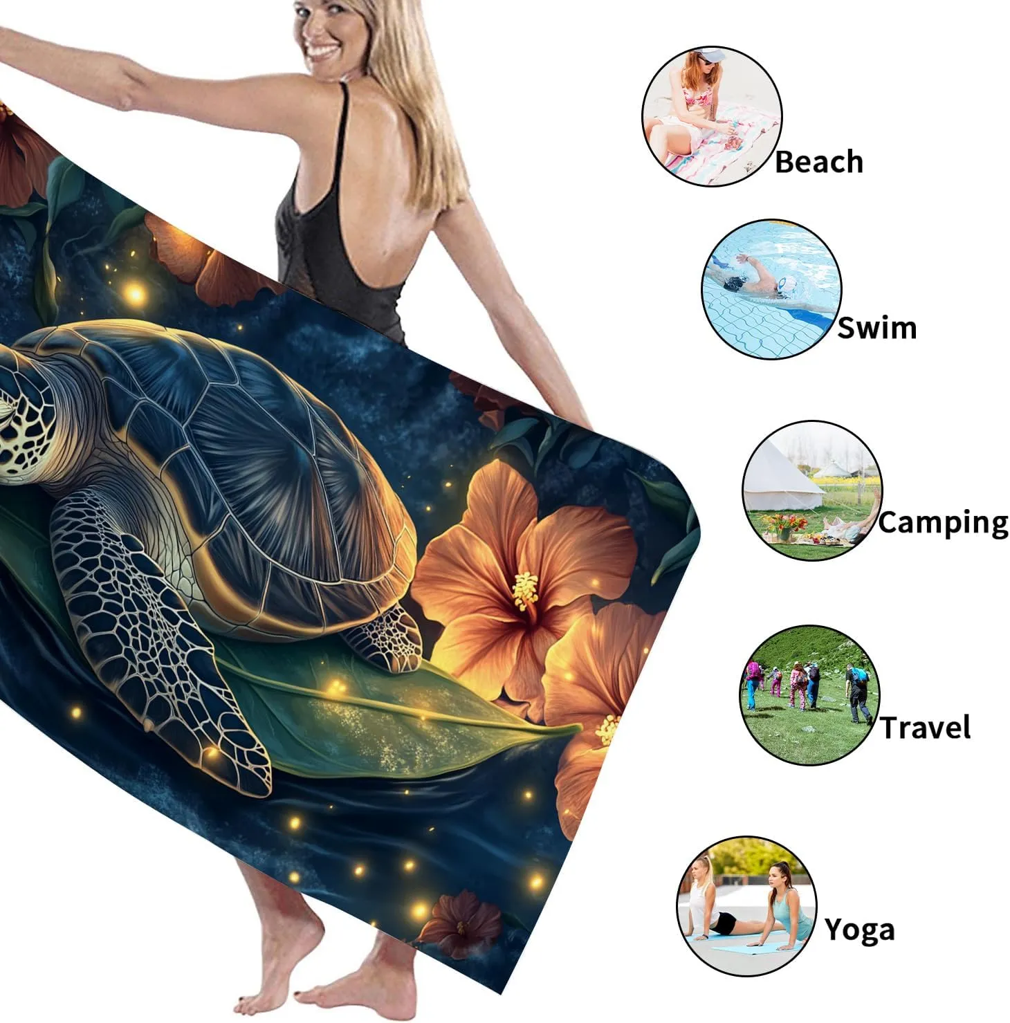Artistic Turtle Beach Towel Dark Ocean Ocean Creatures Tapestry, Quick Dry Absorbent Soft Sand Free Lightweight Blanket, Summer Vacation Pool Picnic Essentials 62x31 Inch
