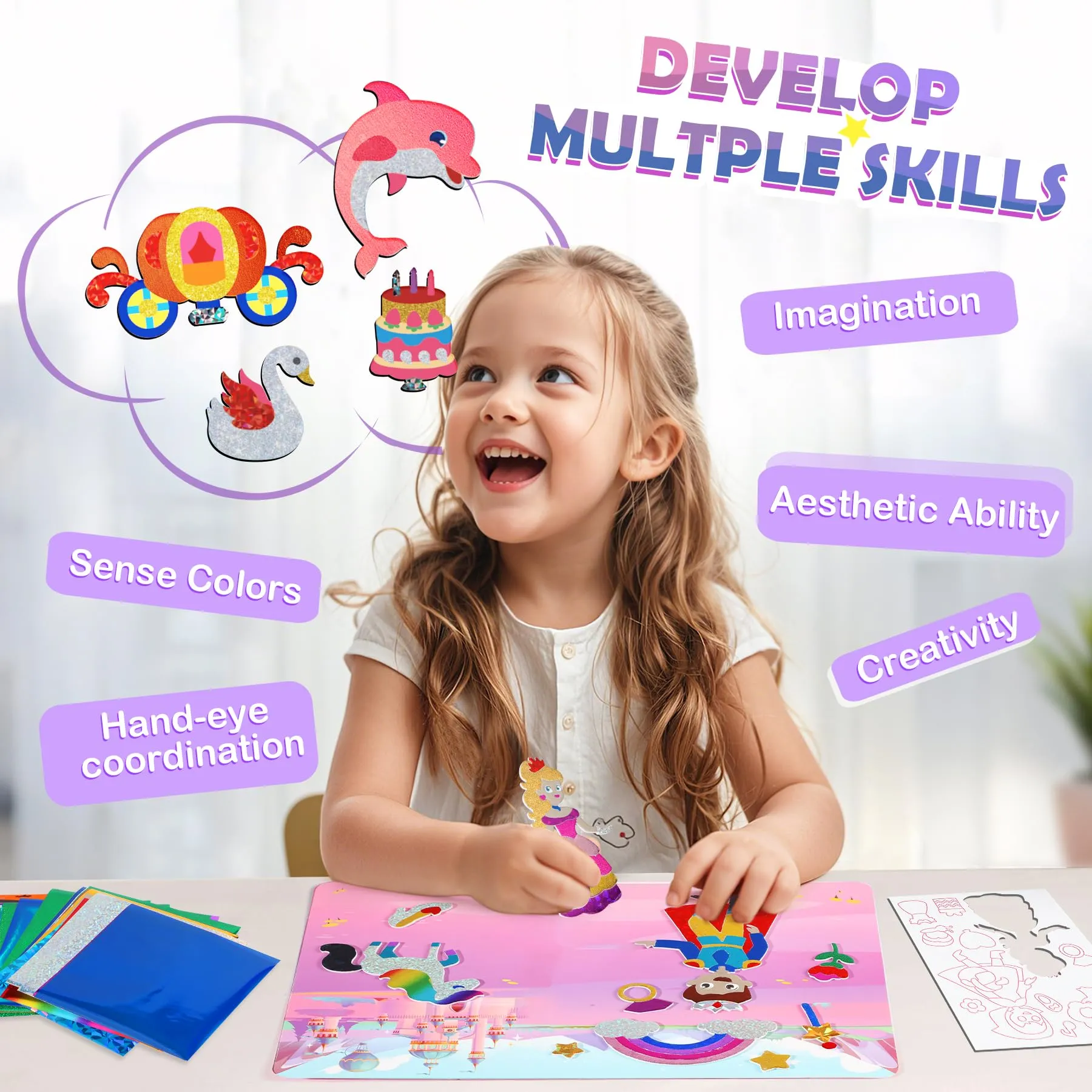 Arts and Crafts for Kids Ages 4-8, Art Craft Supplies Kits, DIY Creative Travel Toys Activity, Princess & Prince & Castle & Girl, Coloring Sticker Books, Easter Basket Stuffers, Gifts for Girls