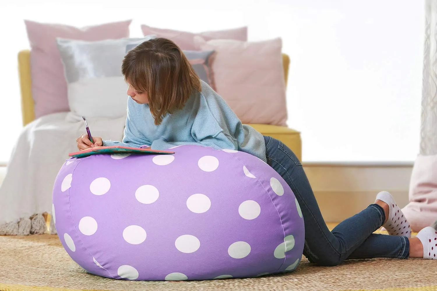 Aubliss Stuffed Animal Bean Bag Storage Chair, Beanbag Covers Only for Organizing Plush Toys, Turns into Bean Bag Seat for Kids When Filled, Large 38"-Canvas Dot Light Purple