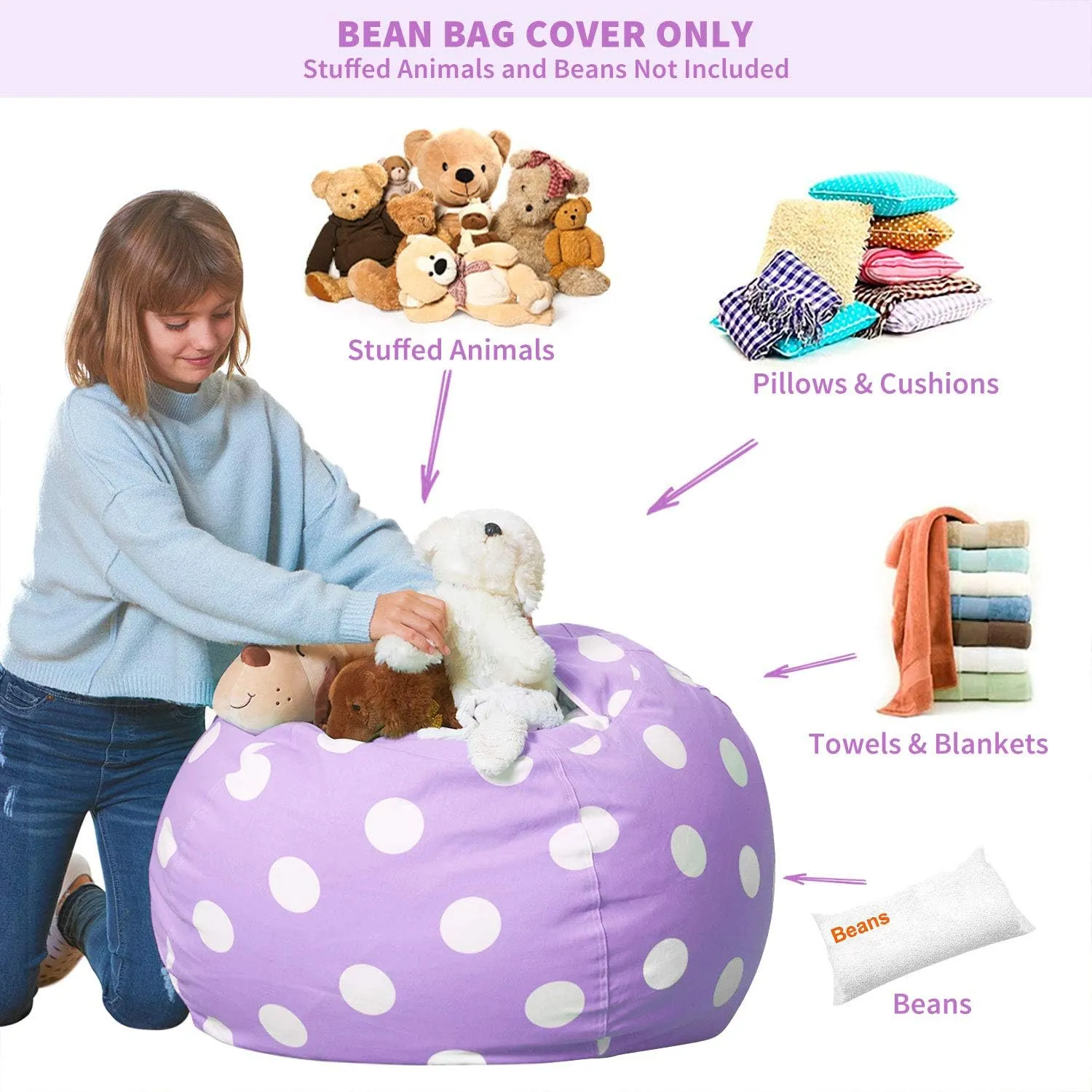 Aubliss Stuffed Animal Bean Bag Storage Chair, Beanbag Covers Only for Organizing Plush Toys, Turns into Bean Bag Seat for Kids When Filled, Large 38"-Canvas Dot Light Purple