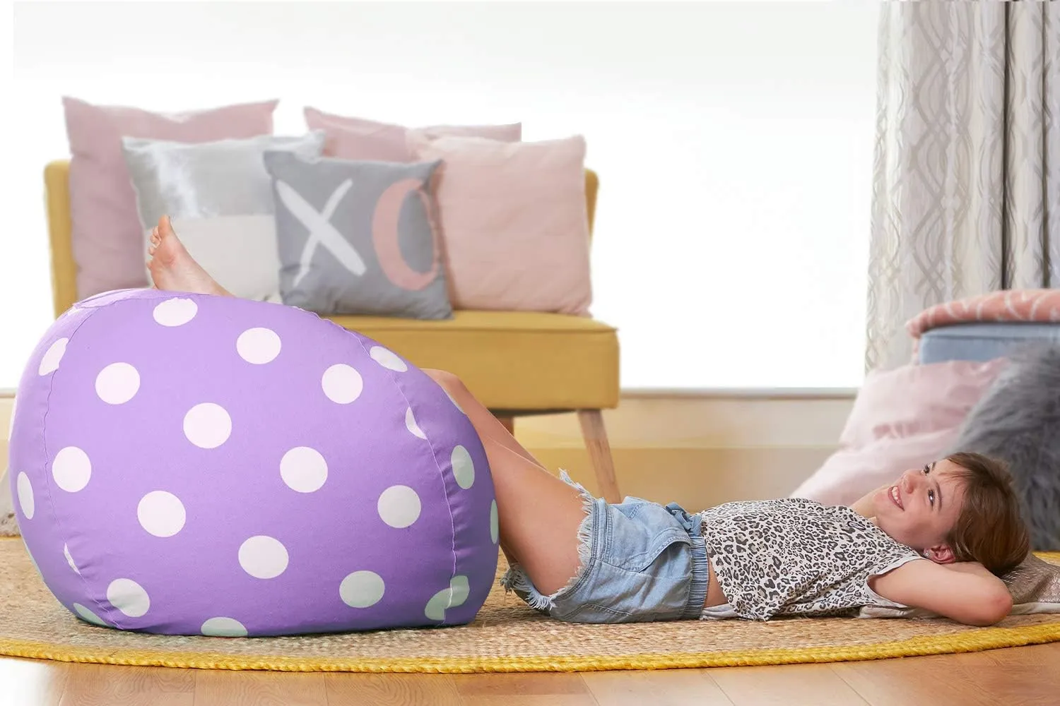 Aubliss Stuffed Animal Bean Bag Storage Chair, Beanbag Covers Only for Organizing Plush Toys, Turns into Bean Bag Seat for Kids When Filled, Large 38"-Canvas Dot Light Purple