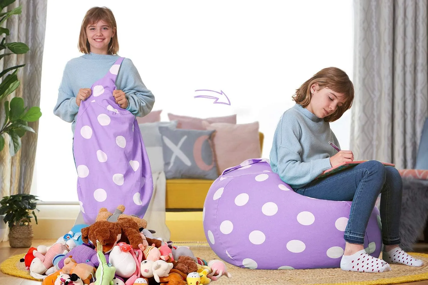 Aubliss Stuffed Animal Bean Bag Storage Chair, Beanbag Covers Only for Organizing Plush Toys, Turns into Bean Bag Seat for Kids When Filled, Large 38"-Canvas Dot Light Purple