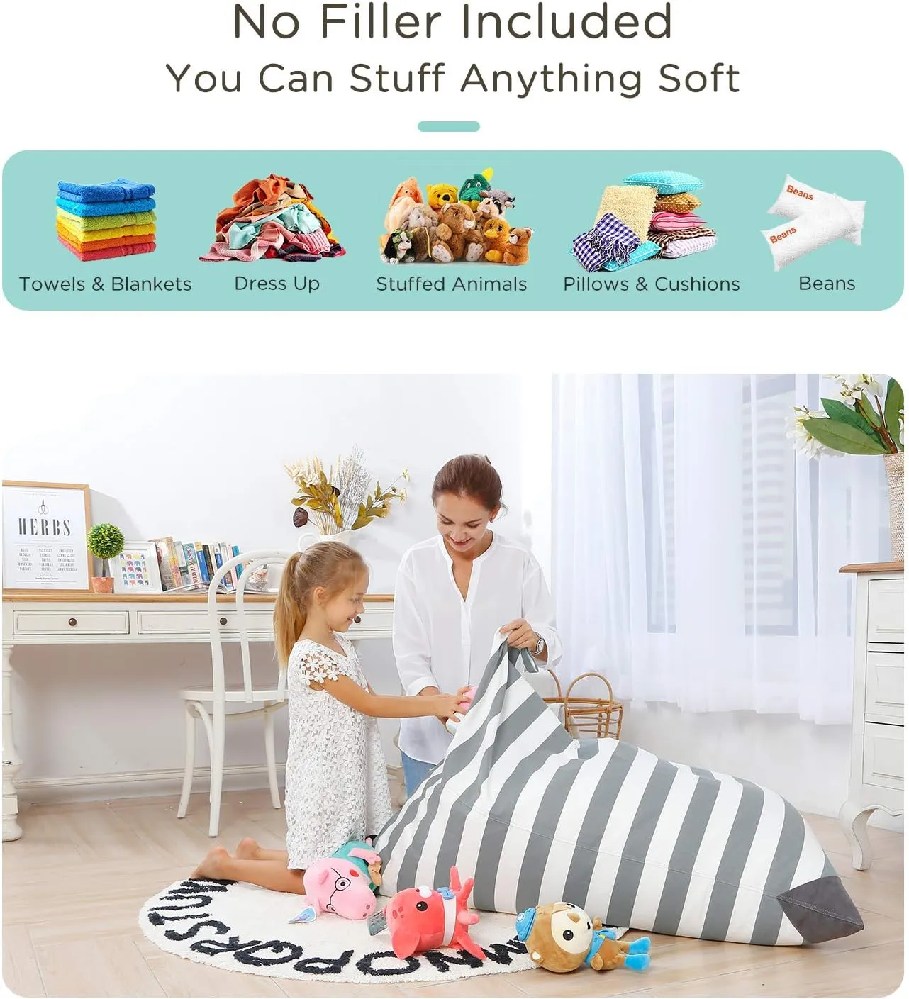 Aubliss Stuffed Animal Storage Bean Bag Chairs Cover, 50"x 35" Extra Large Bean Bags Chair for Kids Adults, Beanbag Toy Storage for Boys Girls - Premium Cotton Canvas Grey Stripe