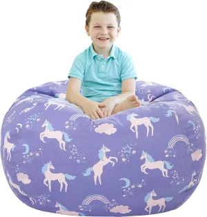 Aubliss Stuffed Animal Storage Bean Bag, Unicorn Bean Bag Chair, Stuff 'n Sit for Kids, Large 38"-Canvas Unicorn Blue