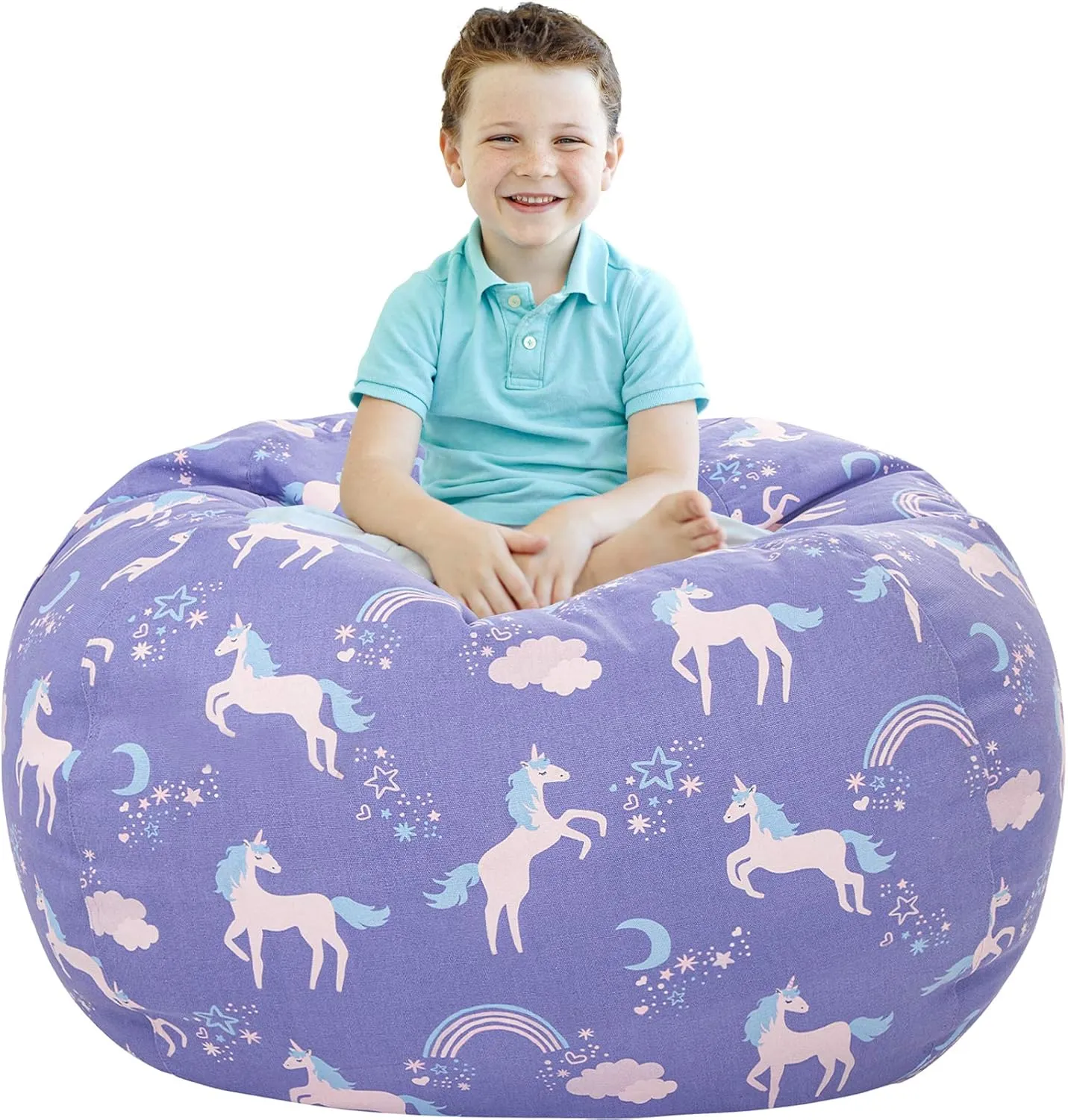 Aubliss Stuffed Animal Storage Bean Bag, Unicorn Bean Bag Chair, Stuff 'n Sit for Kids, Large 38"-Canvas Unicorn Blue