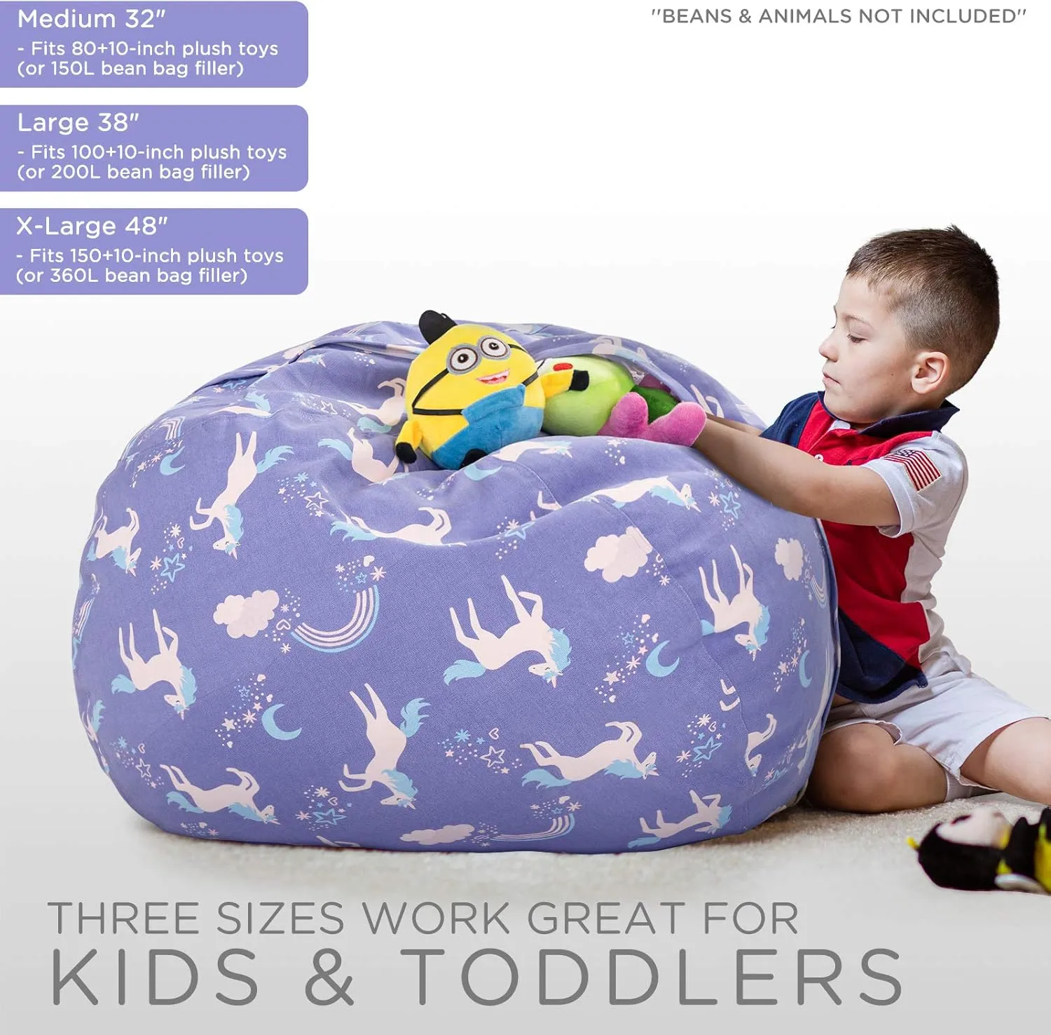 Aubliss Stuffed Animal Storage Bean Bag, Unicorn Bean Bag Chair, Stuff 'n Sit for Kids, X-Large 48"-Canvas Unicorn Blue