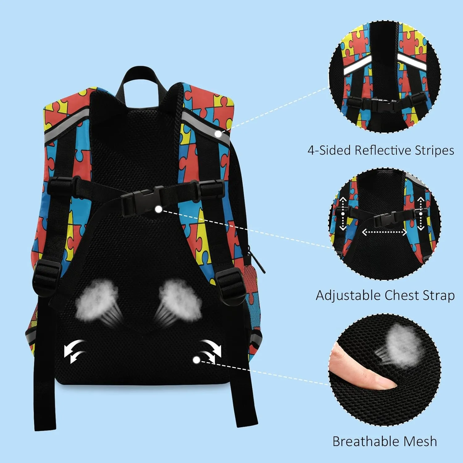 Autism Awareness Colorful Puzzle Piece Preschool Backpacks,Kid's Casual Travel Bookbag with Leash,Cute Toddler Backpacks for Boys and Girls