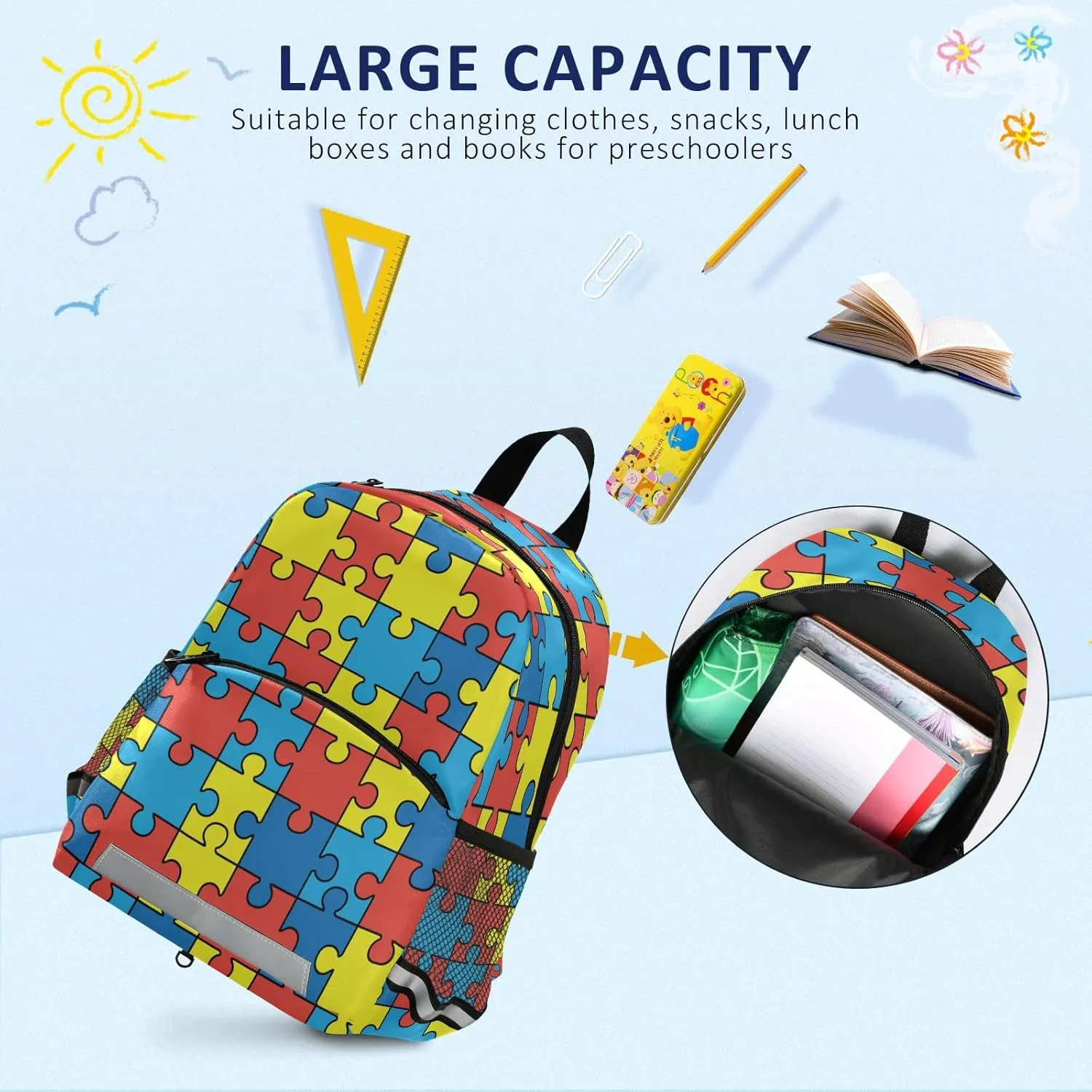 Autism Awareness Colorful Puzzle Piece Preschool Backpacks,Kid's Casual Travel Bookbag with Leash,Cute Toddler Backpacks for Boys and Girls