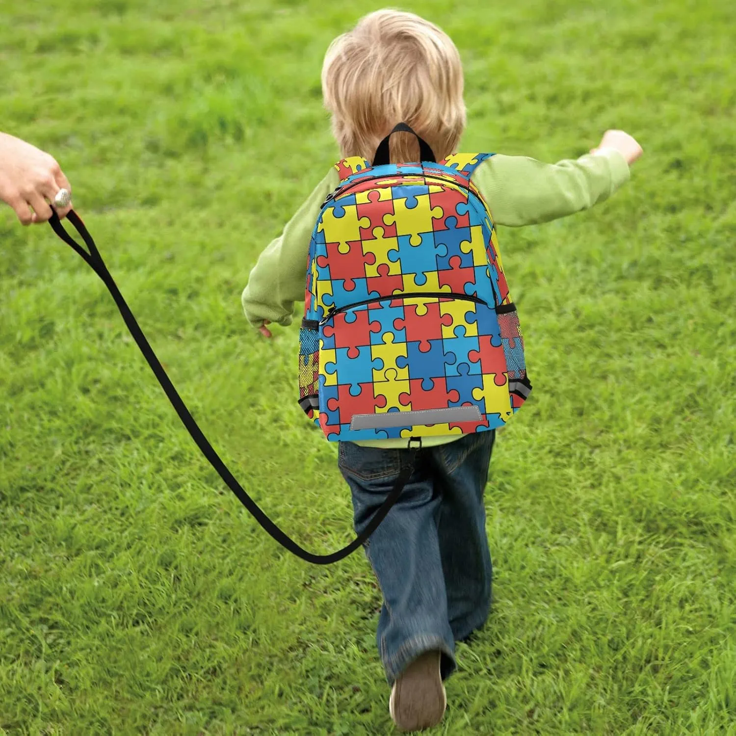 Autism Awareness Colorful Puzzle Piece Preschool Backpacks,Kid's Casual Travel Bookbag with Leash,Cute Toddler Backpacks for Boys and Girls