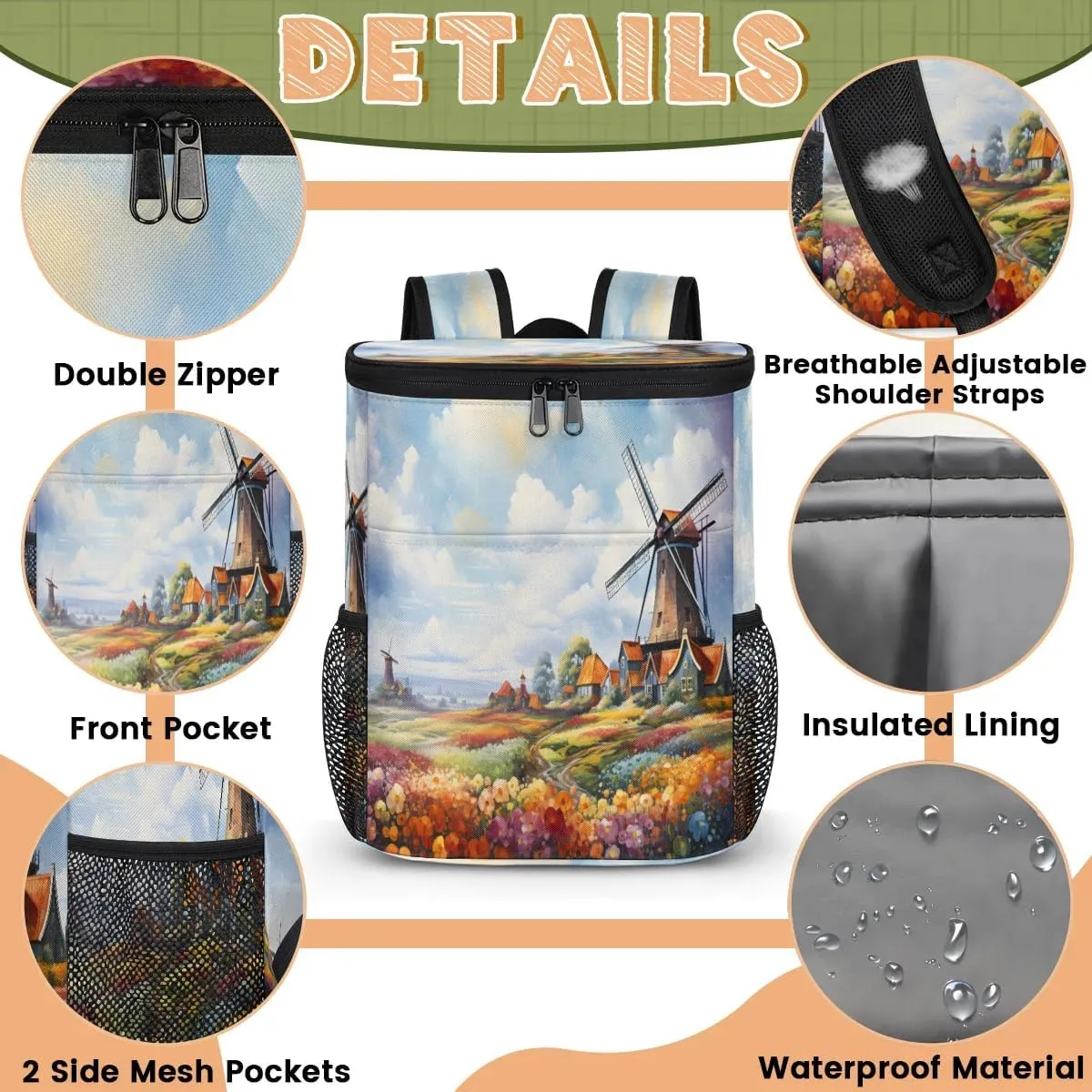 Backpack Cooler Farms Landscape Cooler Backpack Insulated Leak Proof Soft Cooler Bag for Men Women Lunch Backpack for Camping Picnic Hiking Beach Travel