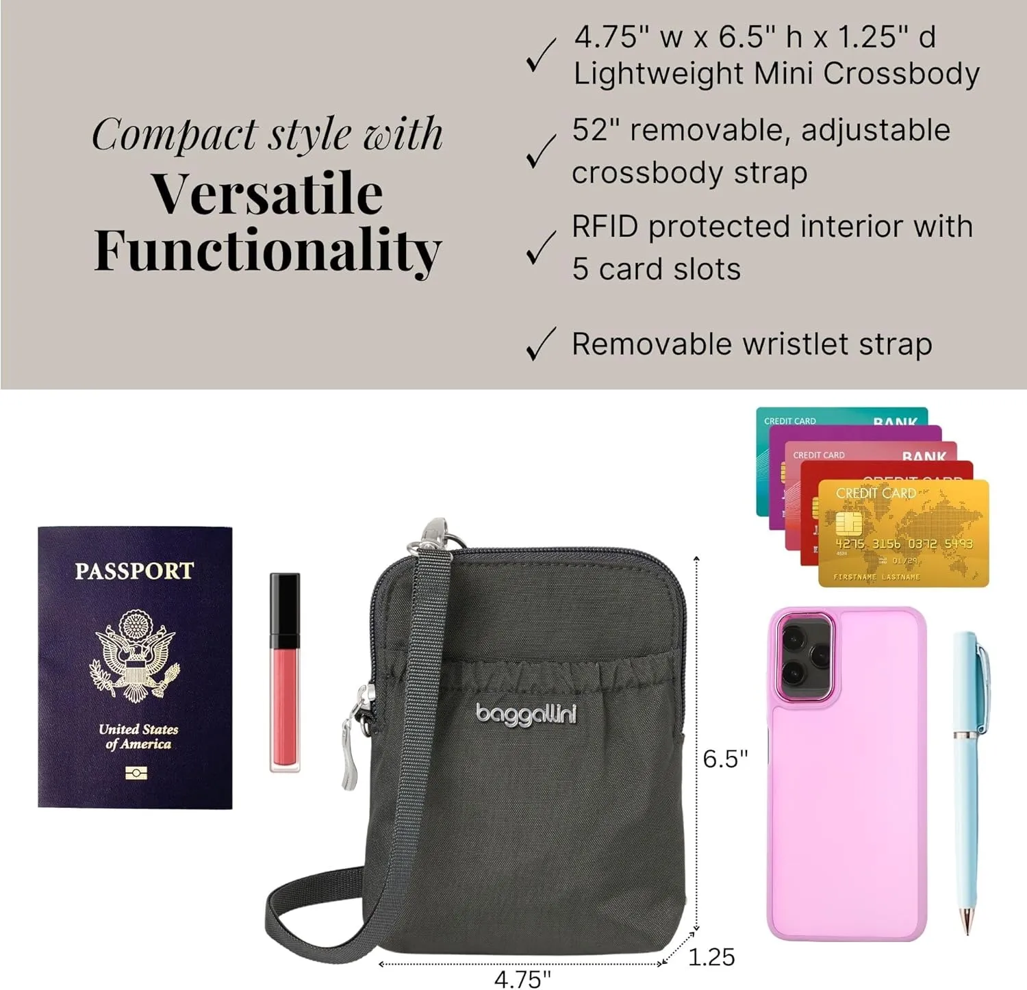 Baggallini Bryant Pouch Small Crossbody Bag for Women - Phone Purse with Crossbody Strap - Lightweight Crossbody Pouch