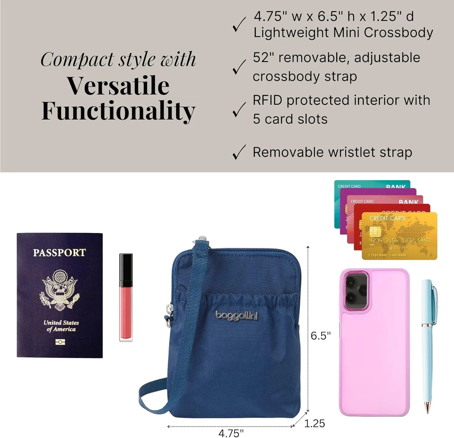 Baggallini Bryant Pouch Small Crossbody Bag for Women - Phone Purse with Crossbody Strap - Lightweight Crossbody Pouch