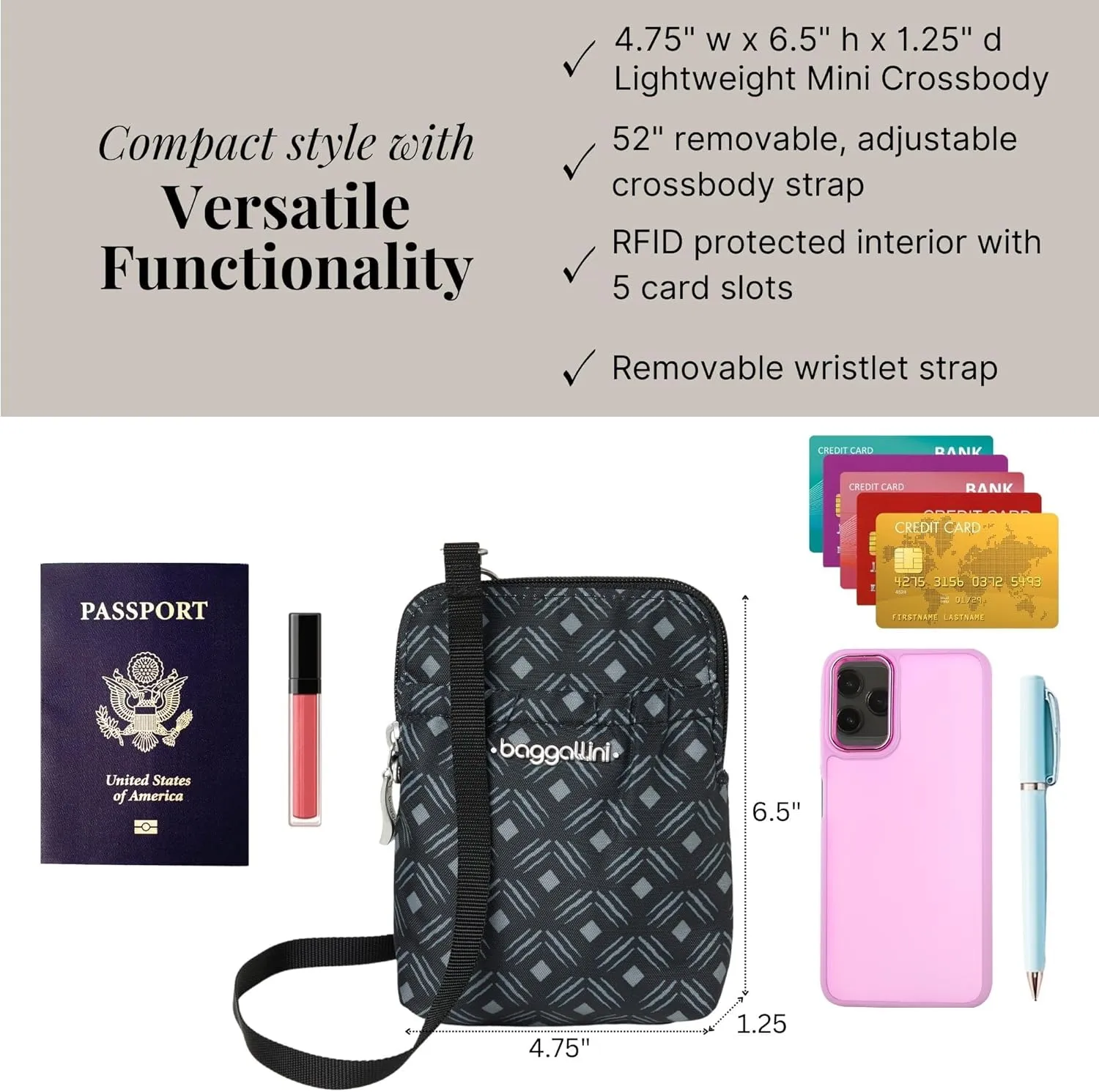 Baggallini Bryant Pouch Small Crossbody Bag for Women - Phone Purse with Crossbody Strap - Lightweight Crossbody Pouch