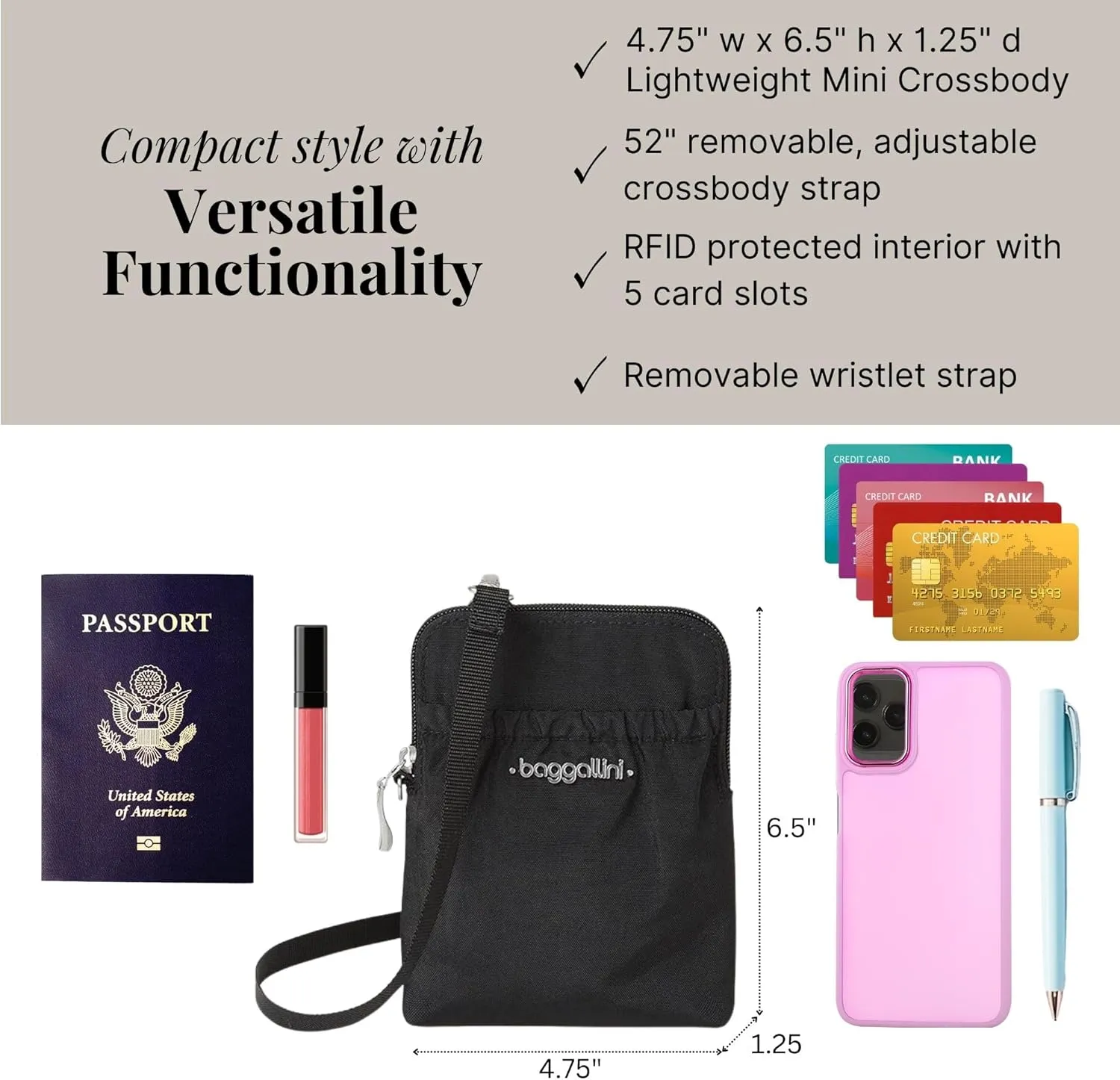 Baggallini Bryant Pouch Small Crossbody Bag for Women - Phone Purse with Crossbody Strap - Lightweight Crossbody Pouch