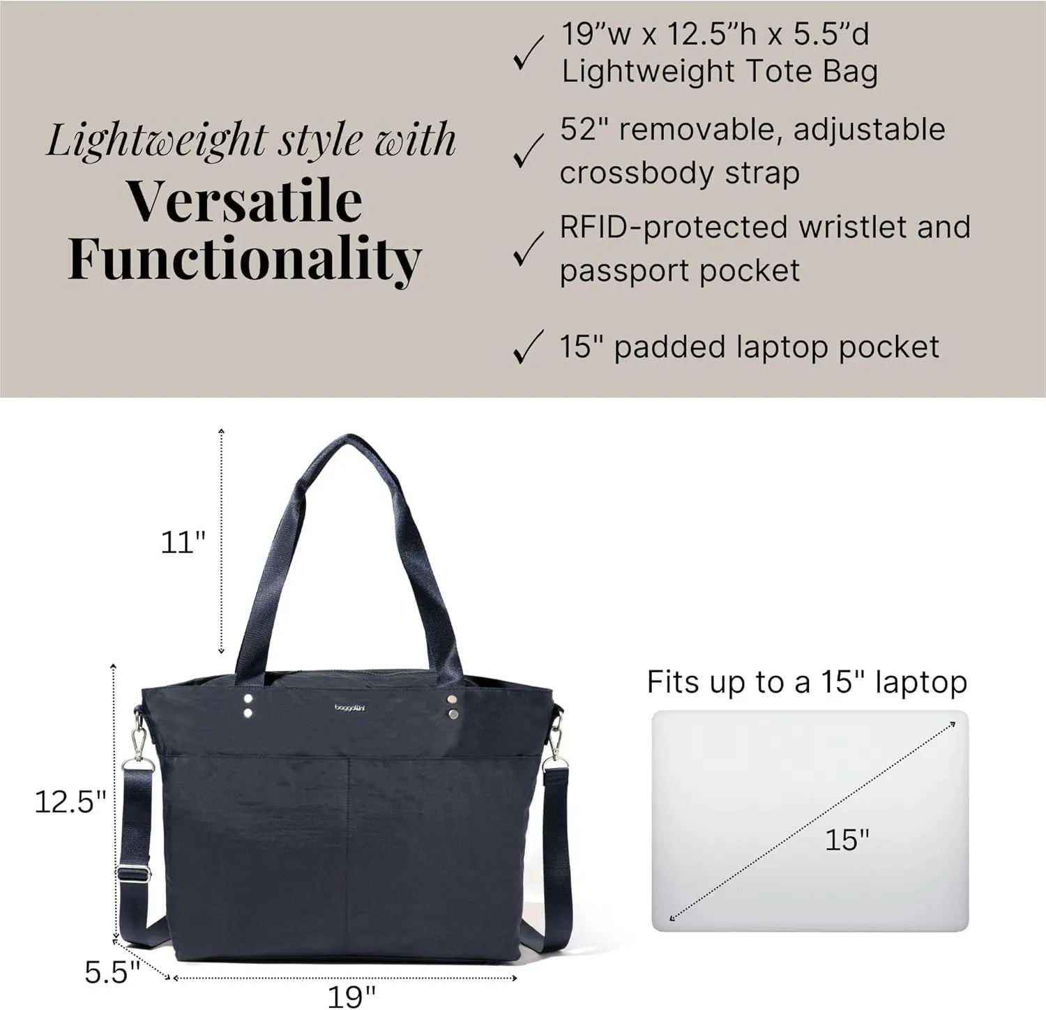 Baggallini Carryall Laptop Tote-Medium 12x19 Inch Travel Crossbody Shoulder Bag